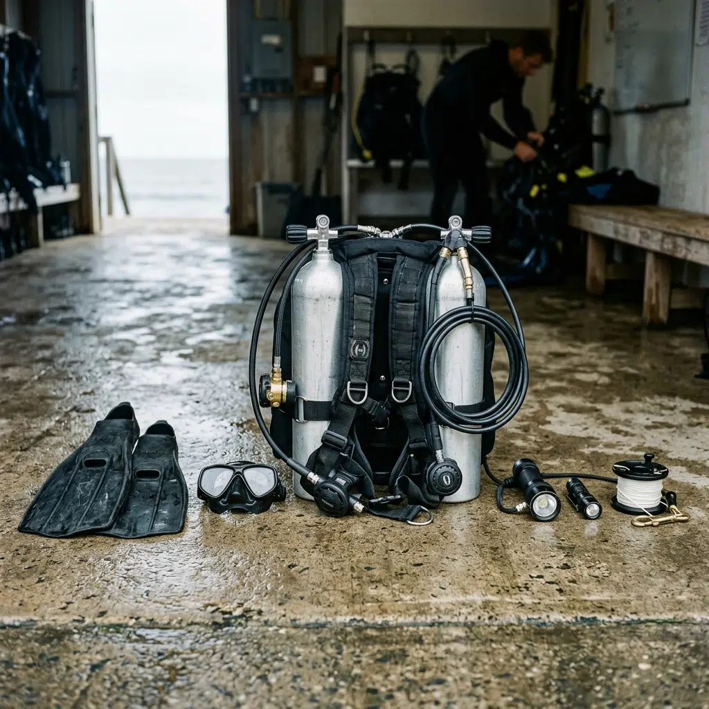 Sidemount búvárfelszerelés előkészítve egy merülés előtt